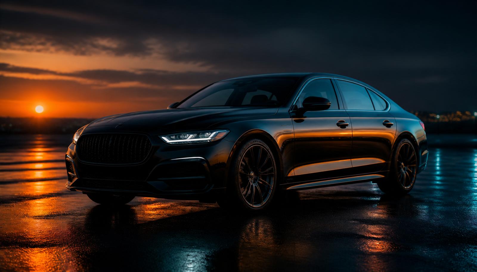 Luxury black sedan detailed to a mirror shine at sunset